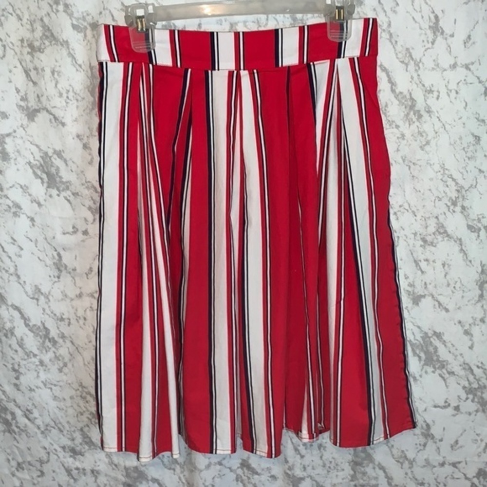 Vintage A Line Stripped Midi Skirt Red White & Navy w/Pockets Womens Size Medium - Picture 2 of 9